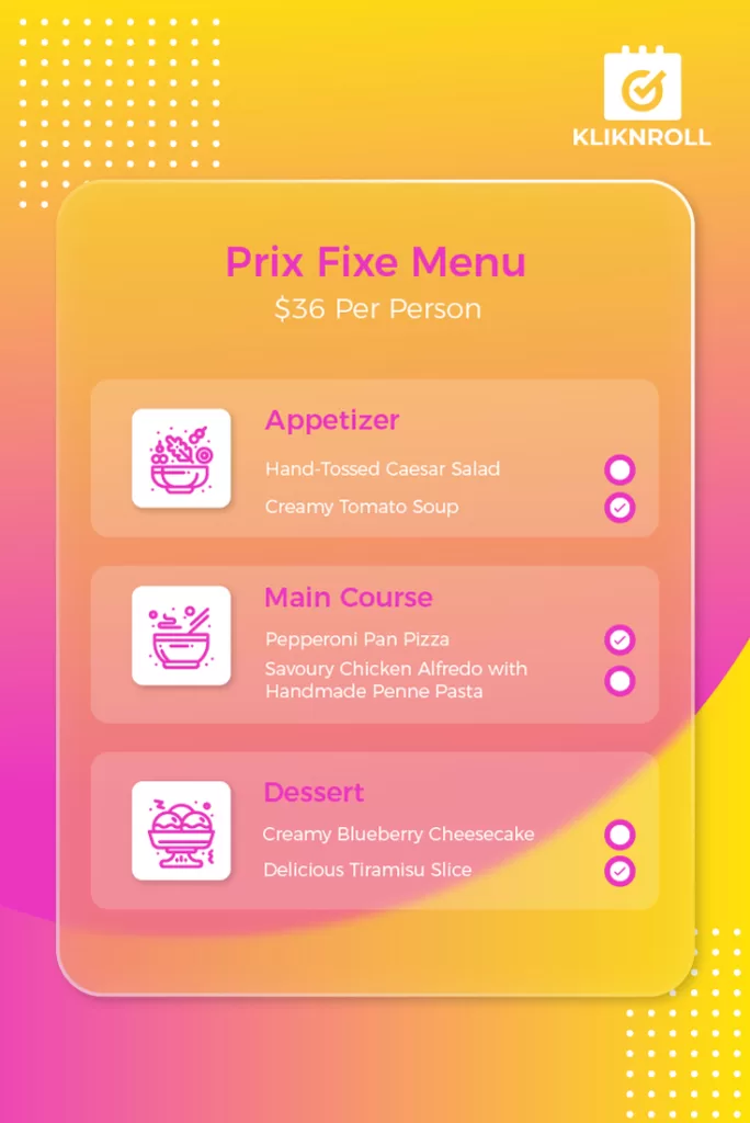 Sample of a Price Fixed Menu