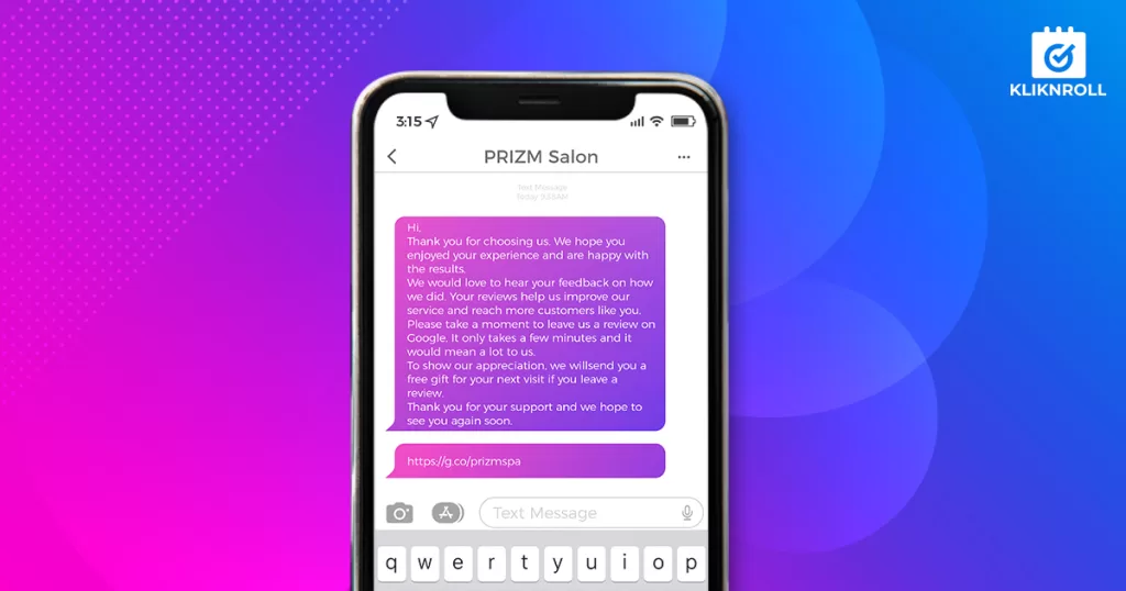 Sample of automated feedback request for salons