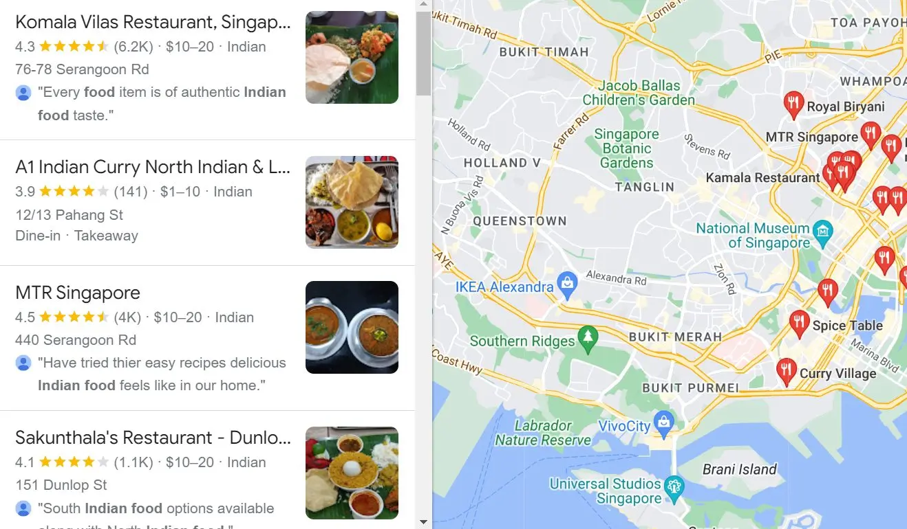 A sample indicating higher search rankings on average for restaurants with more reviews on the Google Local Map Pack